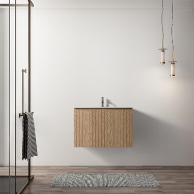 Windsor 30,00 po L 19,80 po P 20,00 po Meuble-lavabo mural H en bois naturel avec lavabo simple blanc