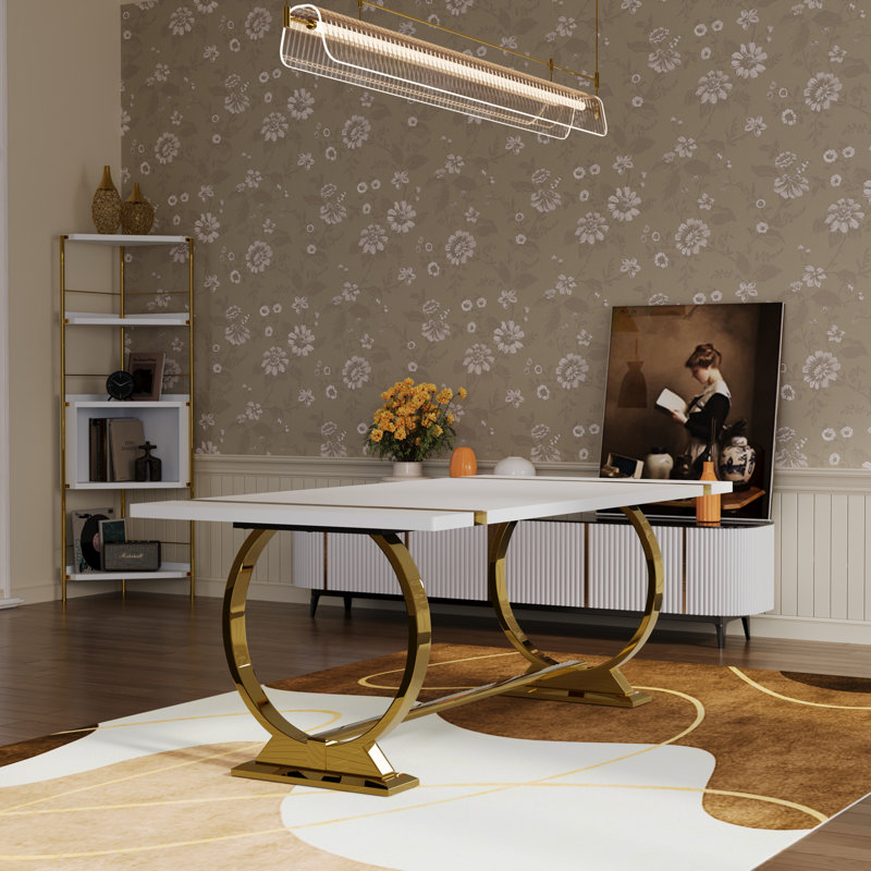 Ensemble de table de salle à manger 9 pièces de luxe blanc et or avec 8 chaises de salle à manger en cuir blanc, Blanc, Doré