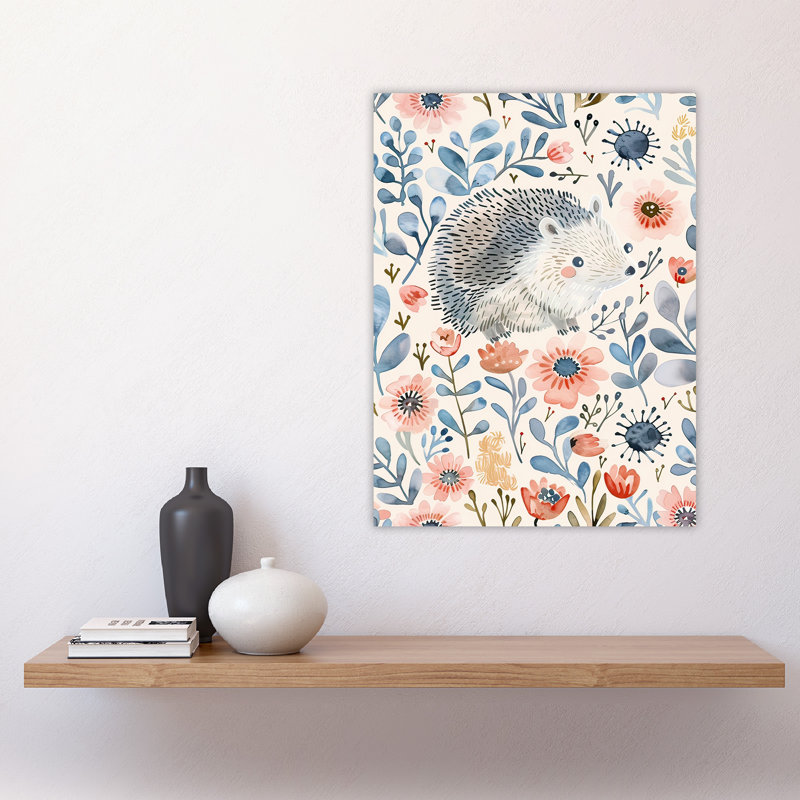 Cute Hedgehog with Flowers Watercolour Wall Art Print