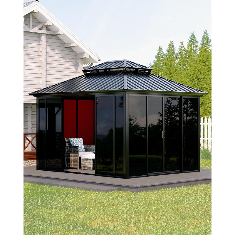 Hardtop Gazebo Solarium, All-Aluminum Enclosed Sunroom with Sliding Doors for Patio, 114'' H X 143'' W X 117" D