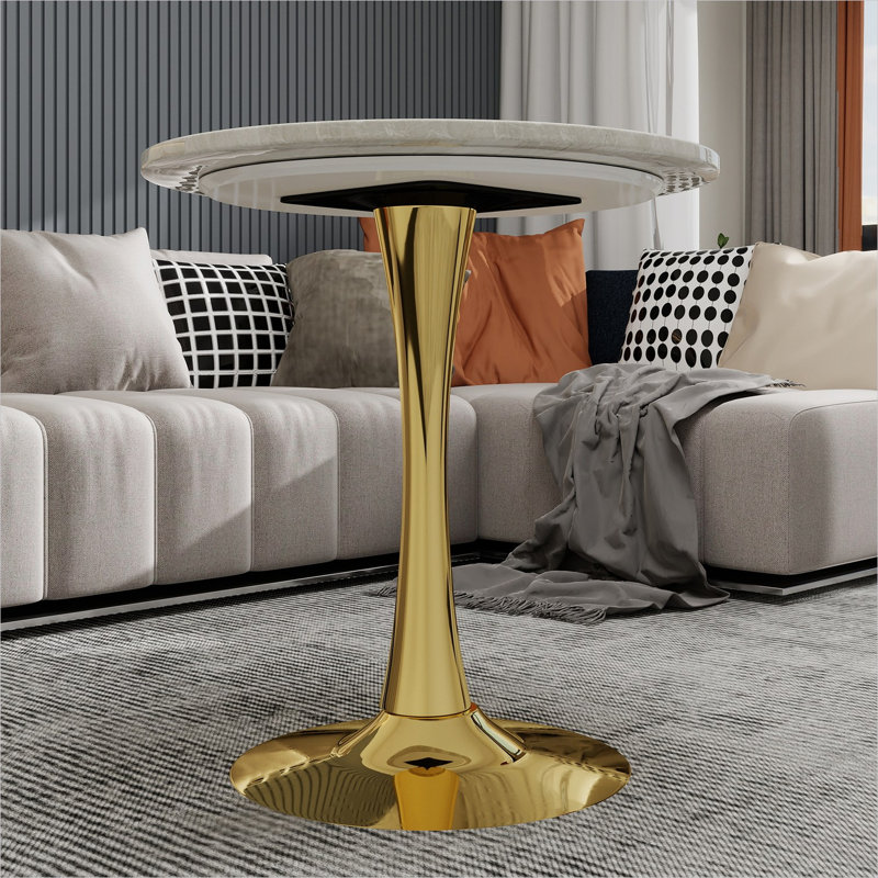 Table de salle à manger avec base à piédestal et plateau classique en marbre blanc, sièges 2 à 4, cadre rond de 27,6 po en fer doré, style Mid-Century moderne pour la cuisine ou le salon