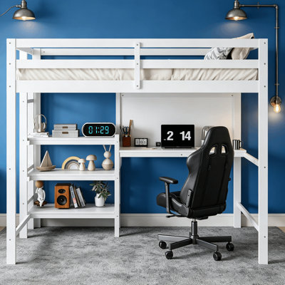 Lit mezzanine simple avec bureau intégré, tableau blanc et tablettes de rangement à 3 niveaux