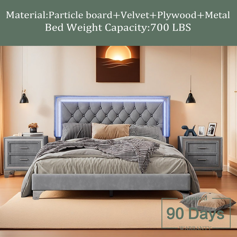 Ensemble de chambre à coucher 3 pièces, grand lit plateforme tapissier avec lumières DEL et deux tables de chevet, Gris