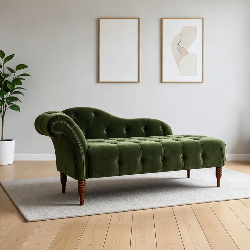 Chaise longue de loisirs rétro en tissu vert, Right Hand Facing