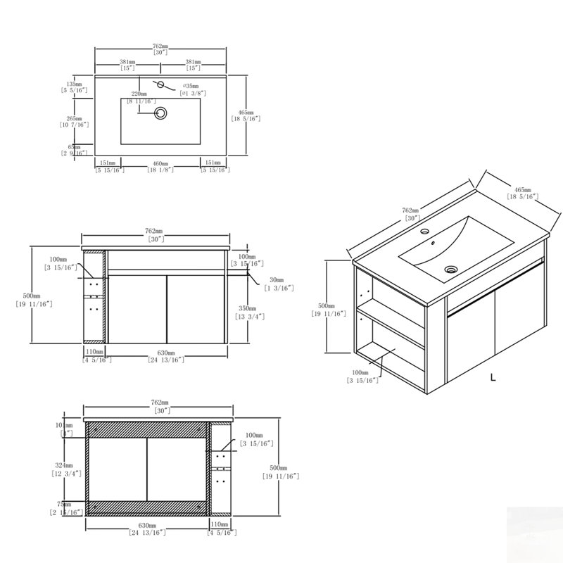 Meuble-lavabo flottant avec lavabo en céramique, porte à fermeture en douceur et contreplaqué durable, Gris, 30"