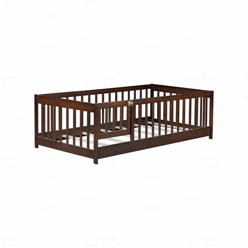 Lit double, plancher avec clôture et porte, plancher en bois d'hévéa avec garde-corps de sécurité, Double, Brun