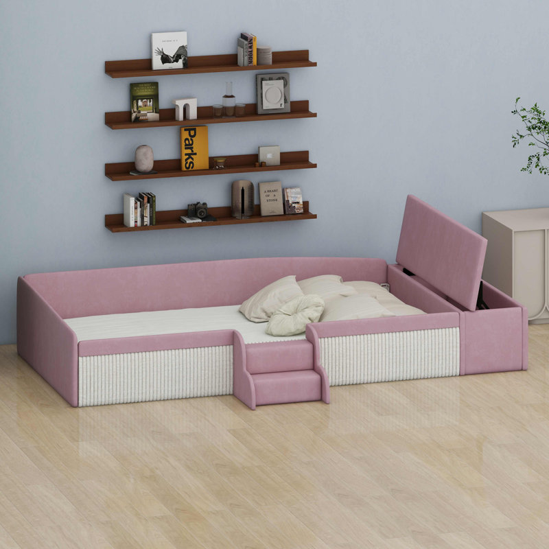 Lit de jour avec escalier, repose-pieds avec rangement à gaz et garde-corps rembourrés, Pink+White