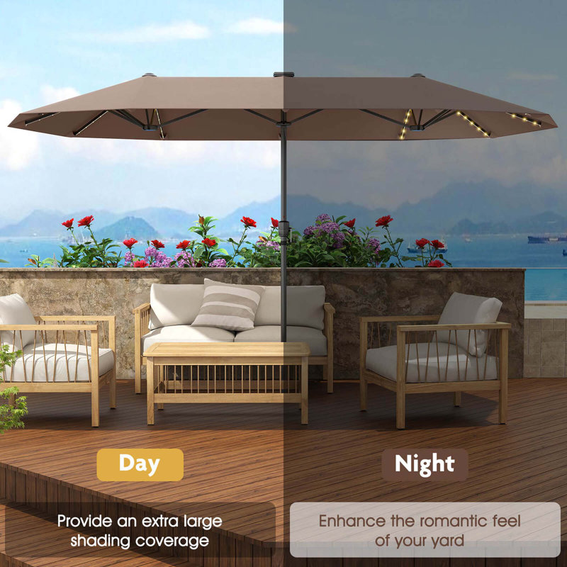 Grand parasol de patio 13 pi avec lumières solaires à DEL et manivelle 12 baleines robustes, Brun