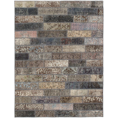 Tapis unique en laine noué à la main style patchwork des années 2010 de 4 pi 10 po x 6 pi 5 po gris Hughestown