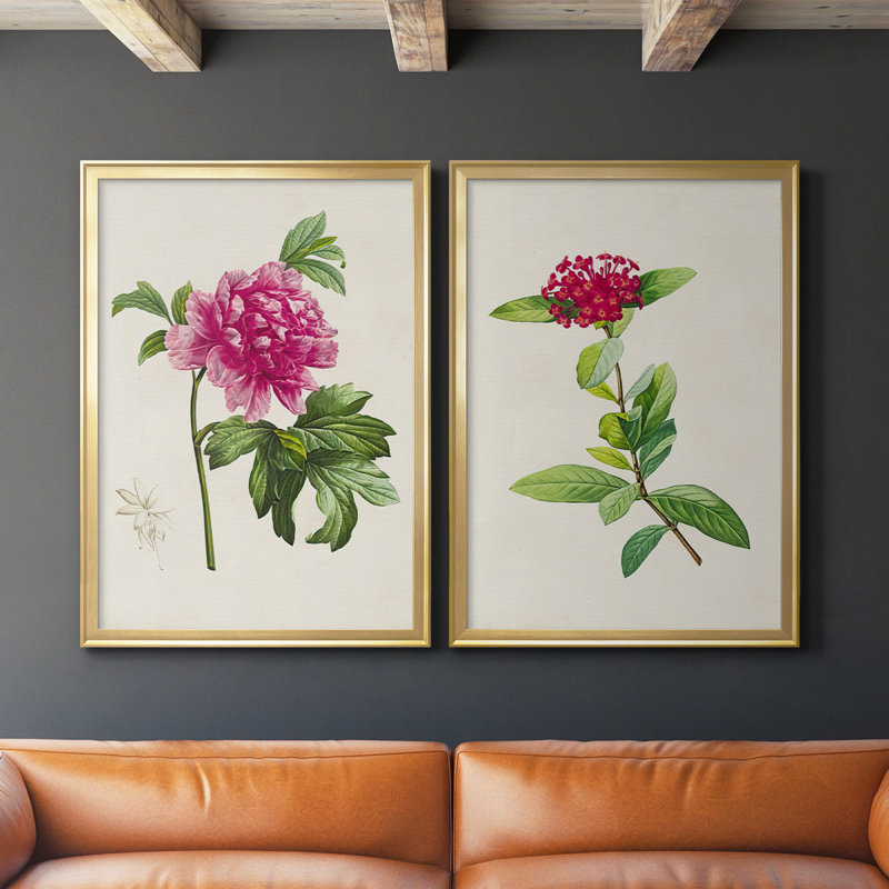 «Pretty Pink Botanicals I», ensemble de 2 reproductions d'art sur toile encadrées, Or, H 41,25 po x l 61 po x P 1,25 po