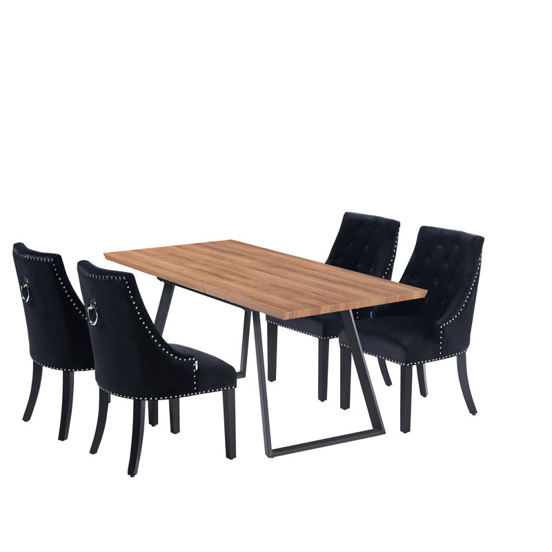 Rooker 4 Person Dining set - a Rectangular Extendable Dining Table with Metal Legs and a Set of 4 Quilted Ring Knocker Velvet Dining Chairs for Dining Room - Modern Dining Table Set
