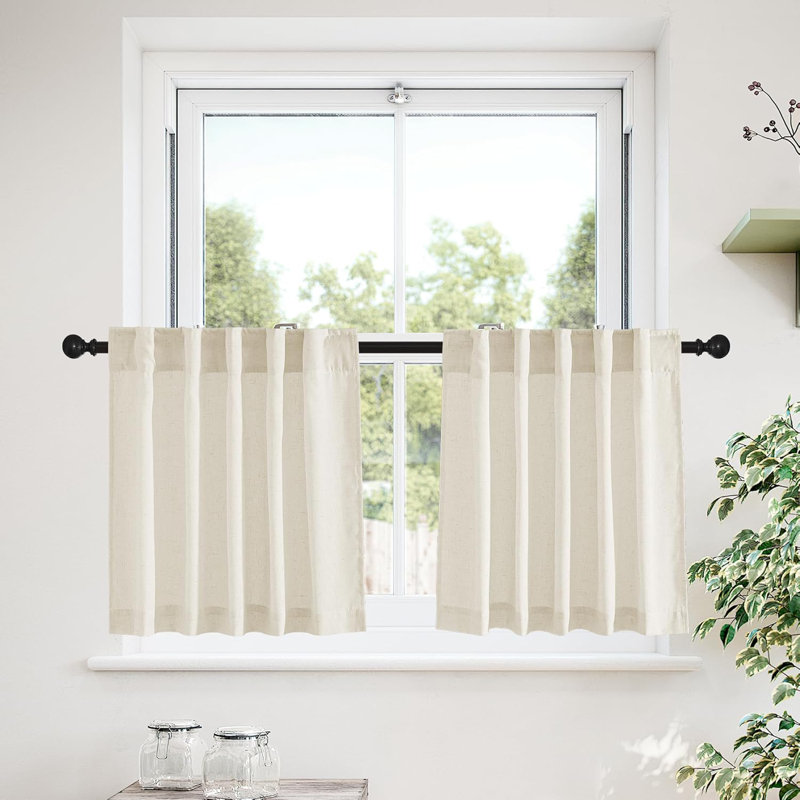 NICETOWN Natural Linen Back Tab Curtains for Kitchen Over Sink, Rod Pocket Short Drapes Light Filtering Sheer Farmhouse Window Valances Covering for Bedroom, 2 Panels.