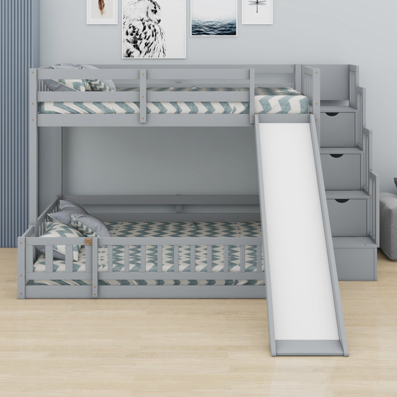Lit superposé avec glissade, escalier de rangement et garde-corps de sécurité, Gris