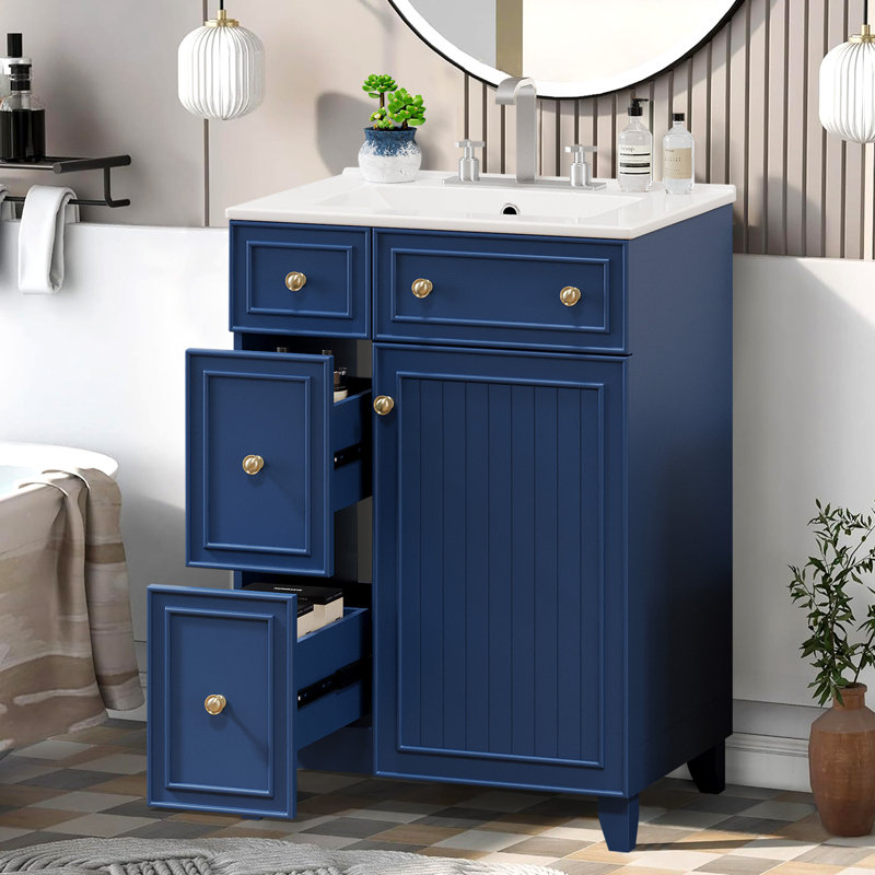 24" Bathroom Vanity Cabinet With Ceramic Sink, Blue / Gold