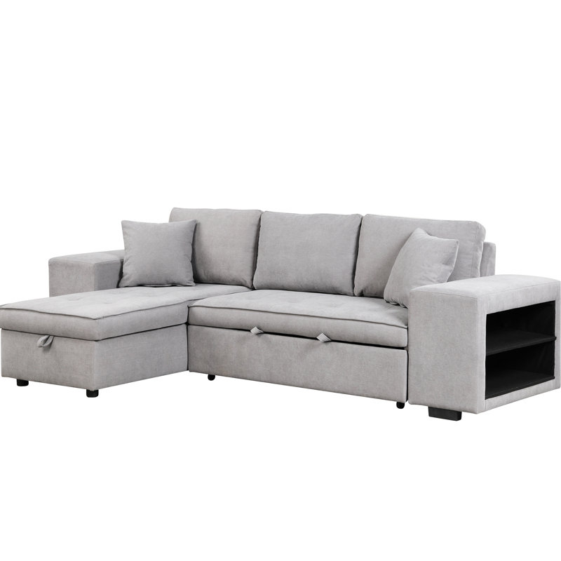 104.5" Pull Out Sleeper Reversible L-Shape 3 Seat Sectional Couch With Storage Chaise And 2 Stools For Living Room, Gray Bed