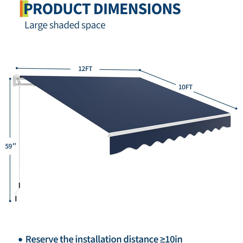 12' x 10' Manual Retractable Awning, Waterproof Patio Sun Shade with Aluminum Frame, 280 GSM Polyester Fabric, Adjustable Crank for Deck, Porch, or Balcony