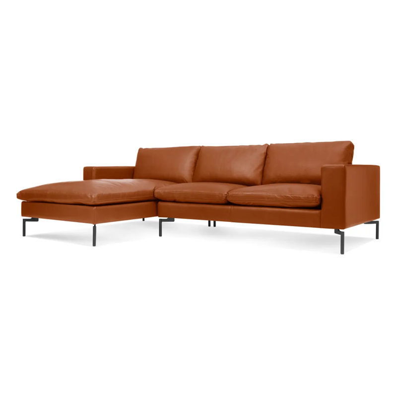 Nouveau canapé standard avec méridienne, Orienté à gauche (vu de face), Cuir caramel, Noir