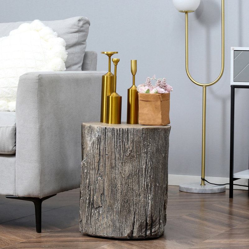 Javeah Tree Stump Stool, Decorative Side Table With Round Tabletop, Concrete End Table With Wood Grain Finish, For Indoors And Outdoors
