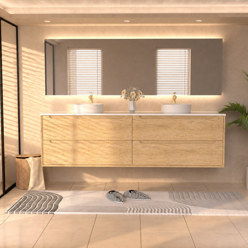 Meuble-lavabo double 84 po avec comptoir en pierre de quartz blanc et lavabos ronds en céramique 84 po, Rond