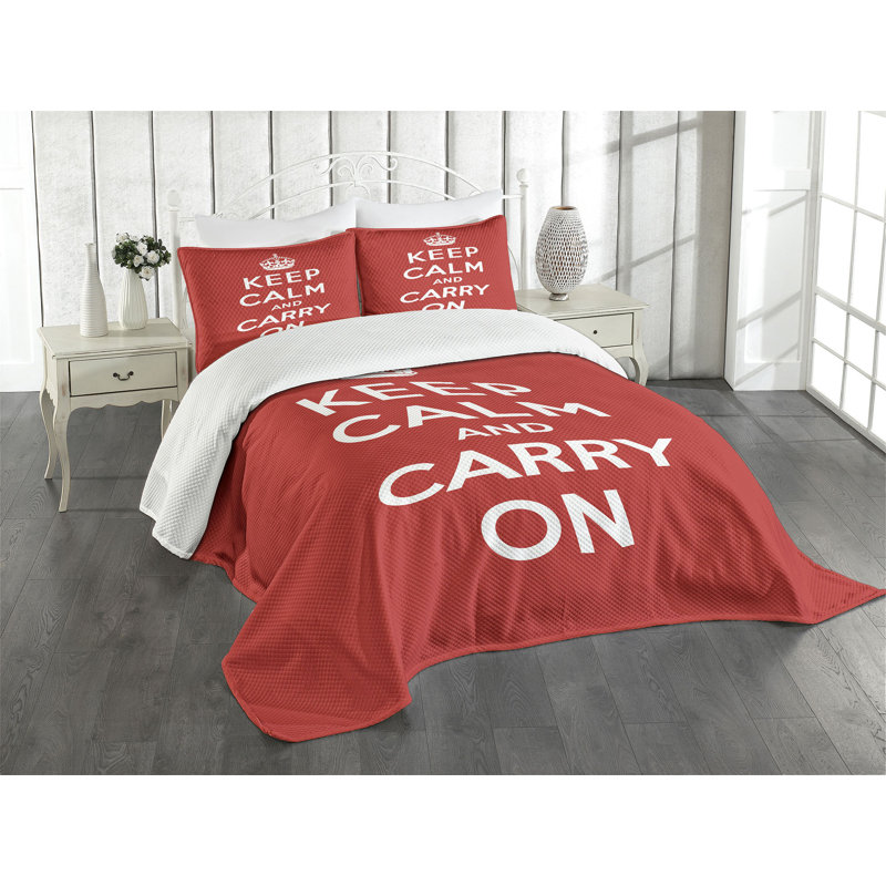 Ambesonne Keep Calm Bedspread Set Royal UK Crown Red Red White, Queen Bedspread + 2 Standard Shams