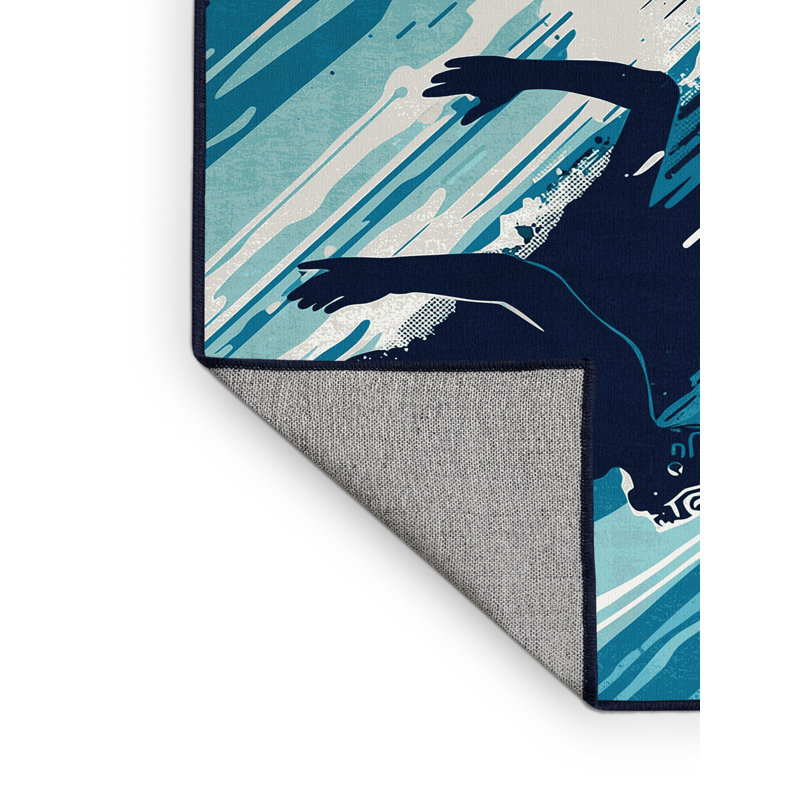 Machine Washable Hubbard Water Polo Action Modern Rug in Green – Navy Binding, 4x6