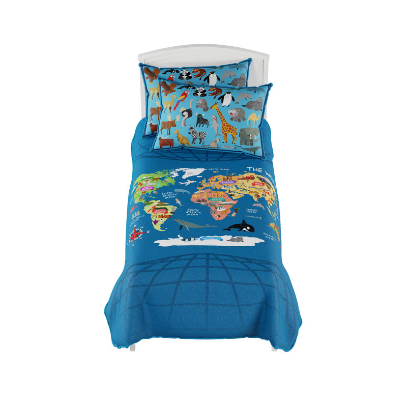  Ensemble de courtepointe 3 pièces World Map - literie simple TG et 2 taies d'oreiller - microfibre hypoallergénique