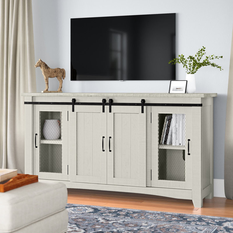 Meuble télé en bois massif Kinsella, Blanc antique