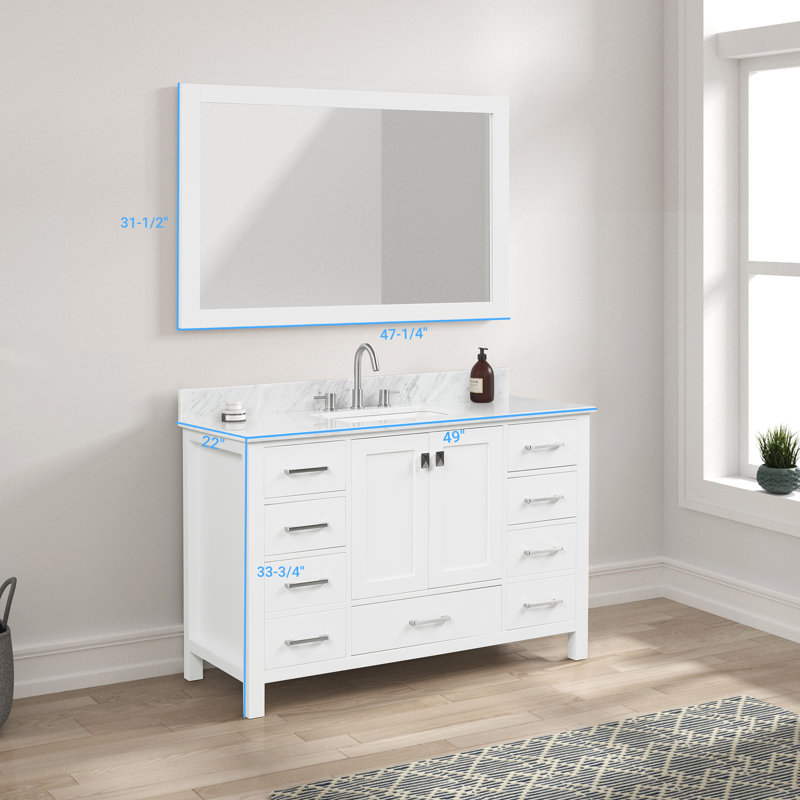 Ensemble de meuble-lavabo simple 48 po avec plateau en marbre de Carrare et miroir Kris, Blanc