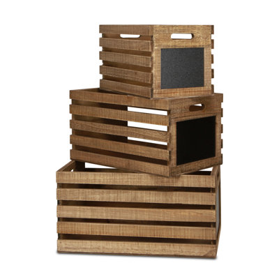 Maelis Set of 3 Brown Wood Crates, Rustic Style Storage Boxes with Chalkboard Panels