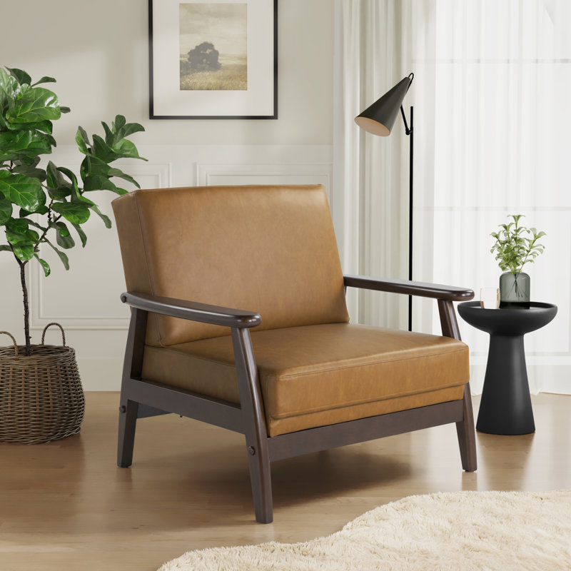 Amarillo 36.6" Wide Faux Leather Accent Chair with Solid Wood Frame, Carmel Faux Leather