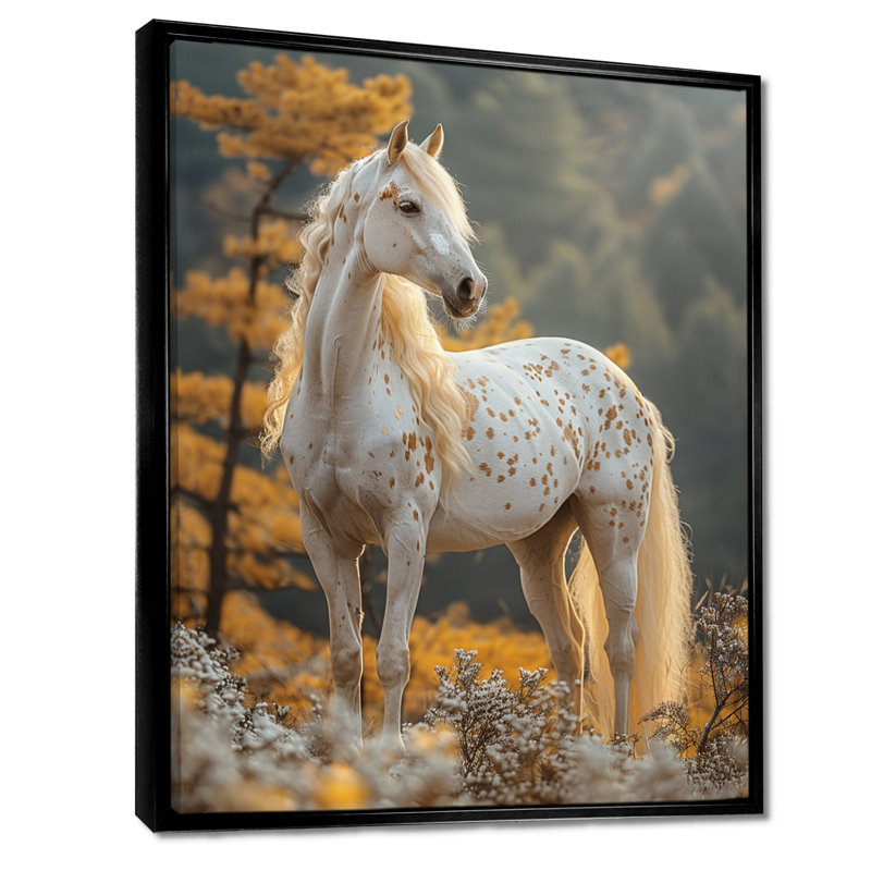 Majestic White Horse Autumn Forest Sunset - cheval, reproduction d'art murale, Toile flottante noire encadrée