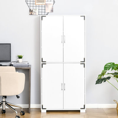 Industrial Pantry With 4 Door Cupboard And Storage Shelves, White Cabinet For Kitchen, Bedroom, Living Room, Entryway