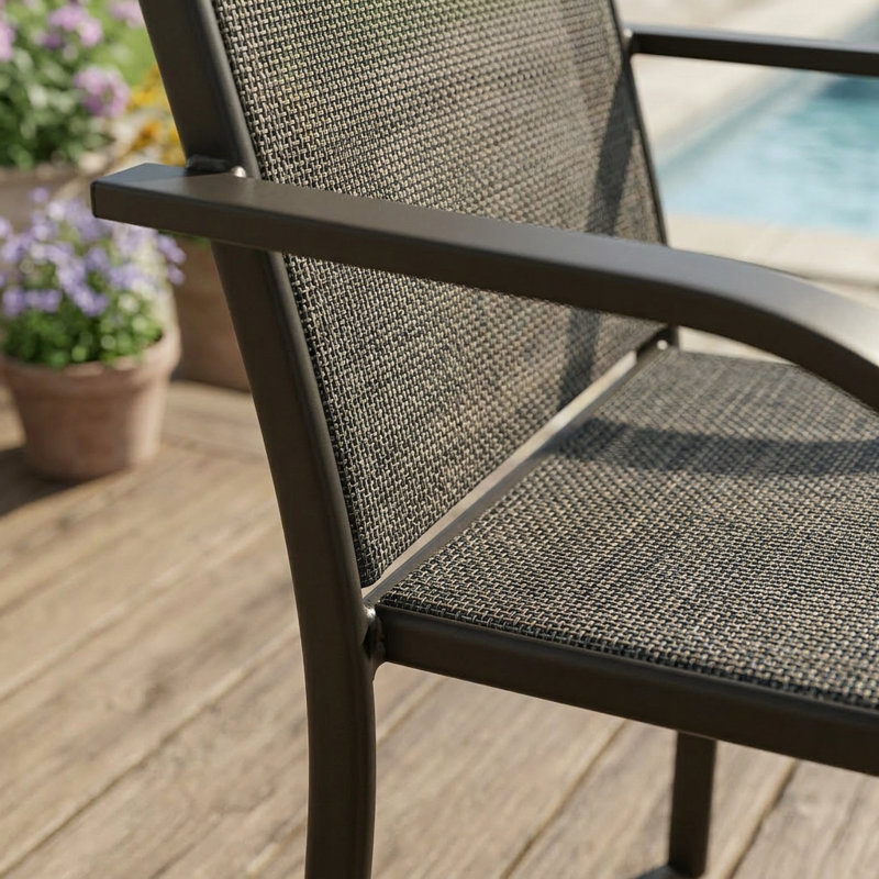 Bustamante Outdoor Round Patio Dining Set with Stackable Textilene Chairs, Brush Wood Gray/Gray