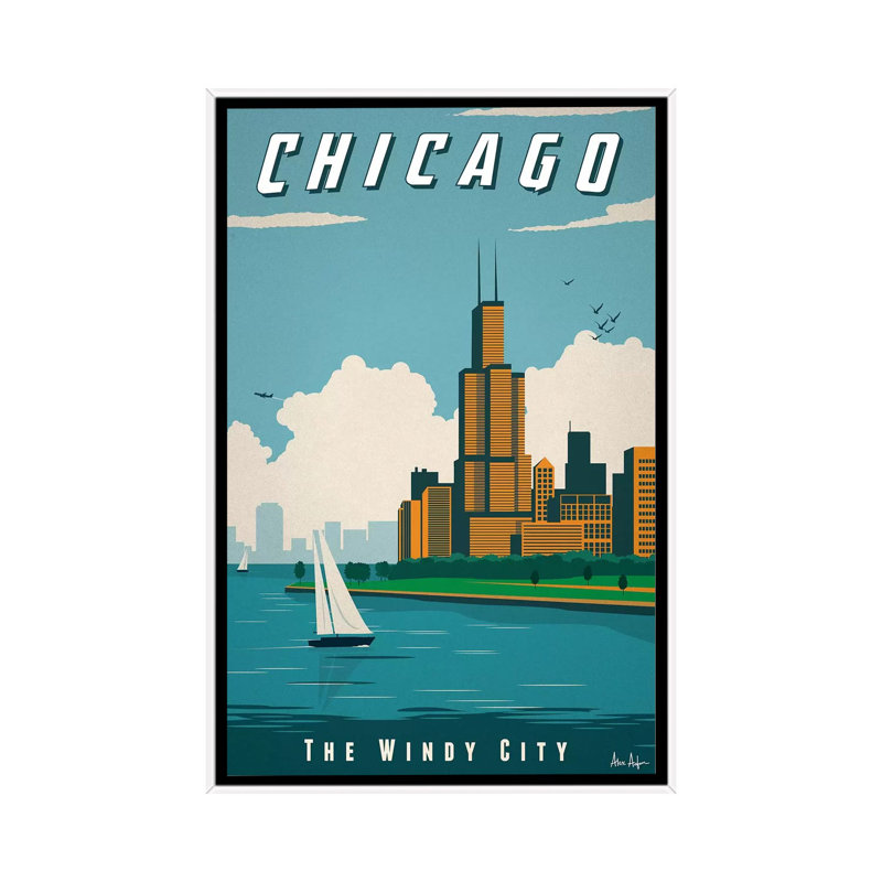 Chicago-impression d’art graphique, Pas de tapis, H 60 po x l 40po x P 1,5 po, Toile blanche encadrée