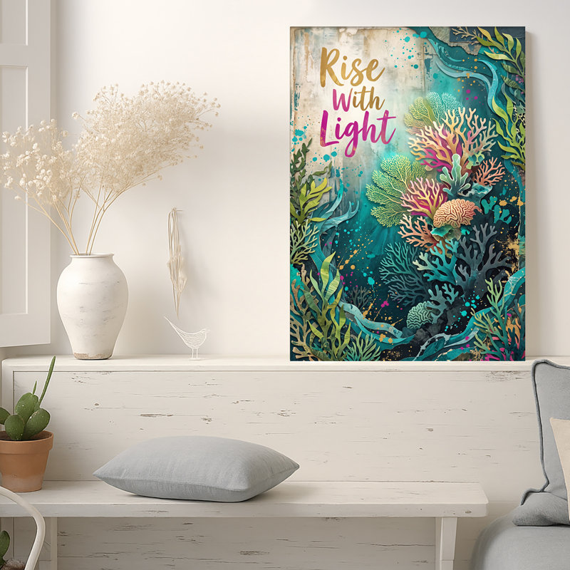 Art mural en toile bleu sarcelle et corail, H 40 po x l 28 po