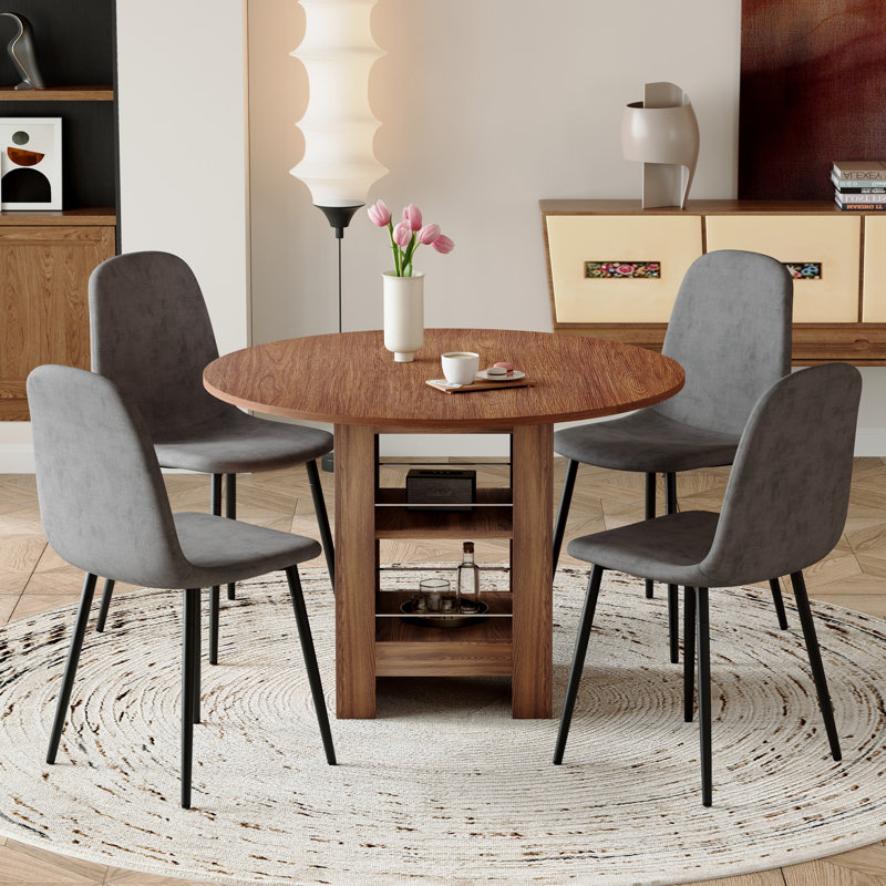 Table de salle à manger 42 "Mid-Century, Noyer, 5 pièces: table, 4 chaises, Gris clair