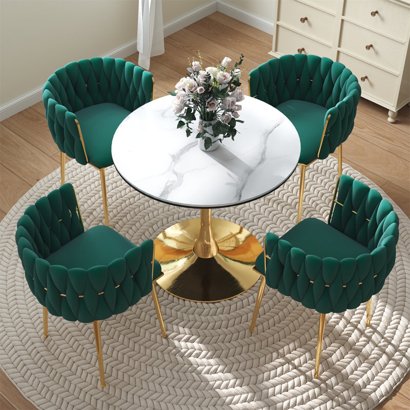 Ensemble de salle à manger à piédestal rond avec chaise tissée, 3, Vert