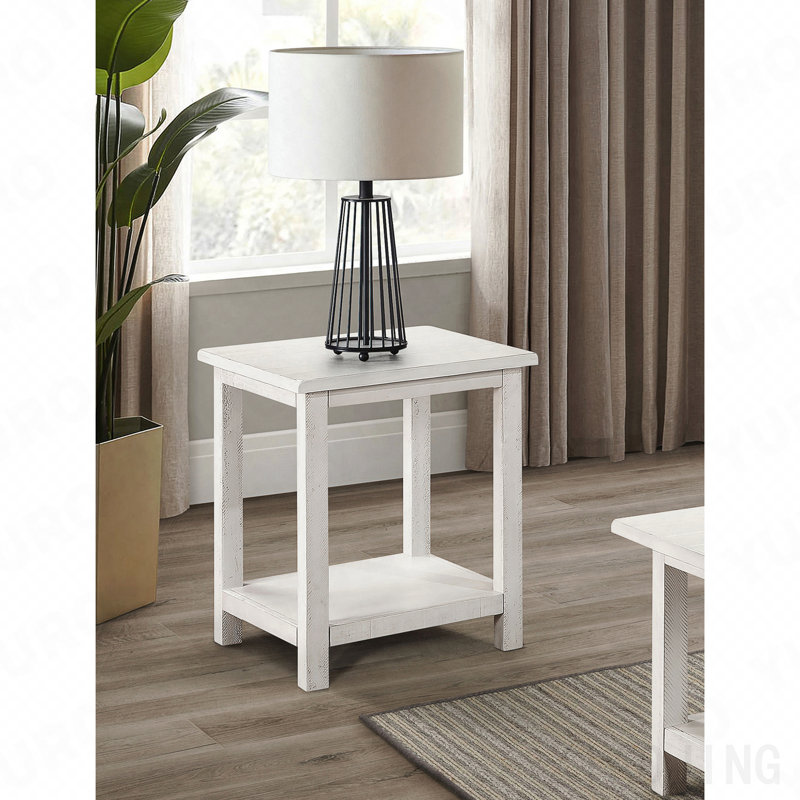 Distressed White Wood End Table With Shelf