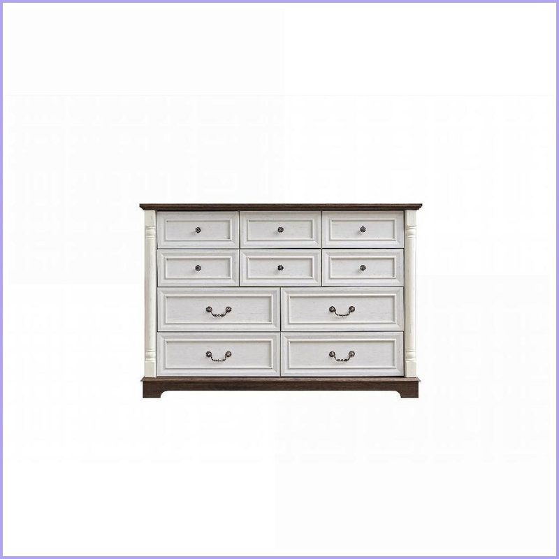 Commode 10 tiroirs rustique avec base en bois | Noyer | Panneau de fibres à densité moyenne