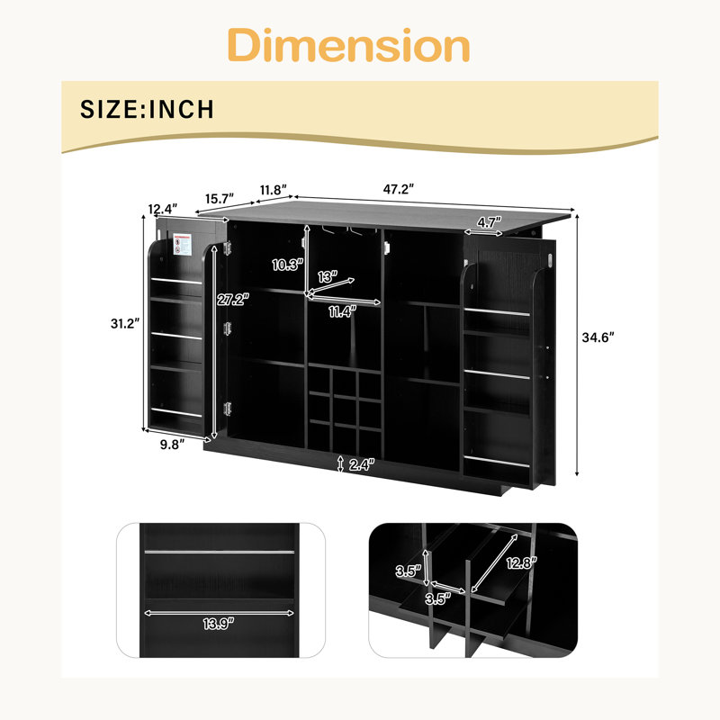 47.2" Kitchen Island With Drop Leaf & Power Outlet, Wine Bar Cabinet With Bottle Rack & Glass Holder, Coffee Bar, 2-Door Buffet Sideboard With Side Shelves, Melamine MDF