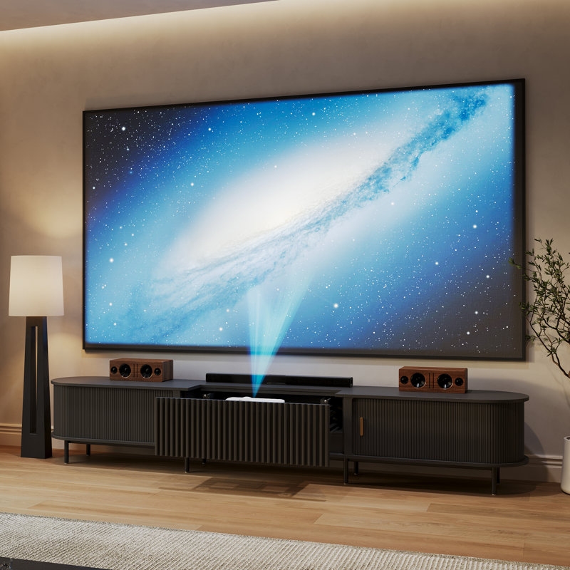 Mid-Century Modern Electric TV Stand With Ultra-Short Throw Projector Cabinet, 21.3"H x 18.3"L x 126"W, Black