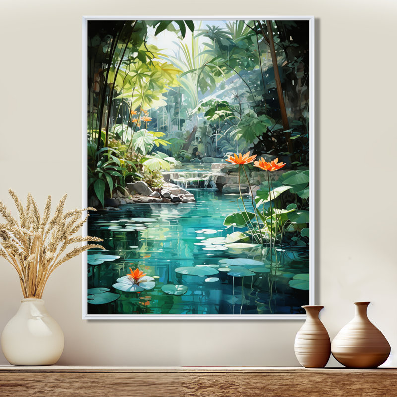 Beant Emerald Oasis A Lush Green Landscape - Forest River Mountains, art mural encadré, H 32 po x l 24 po x P 1 po