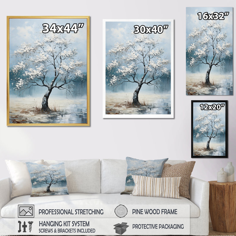 Érable sur fond bleu orageux sur toile, Cadre photo doré simple, H 32 po x l 24 po x P 1 po