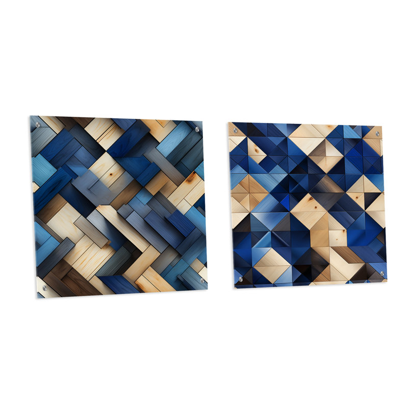 Beige et bleu rayures symétriques - ensemble abstrait géométrique en verre acrylique, H 36 po x l 73 po