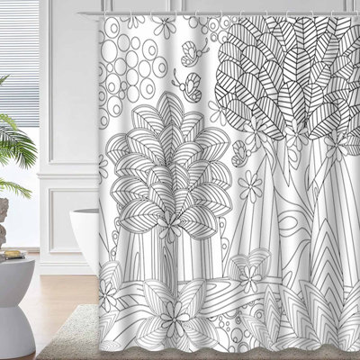 Fantasy Landscape Butterflies Coloring Book Art Line Black Flower Shower Curtain with 12 Hooks