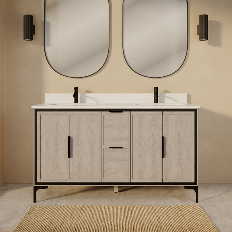 Meuble-lavabo à double cuve en bois massif l 60 po x P 22 po Thayer en gris argenté avec rangement furtif et plateau en pierre reconstituée