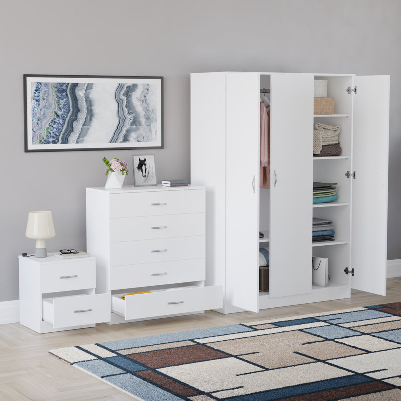 Maybery 3 Piece Bedroom Set (2 Drawer Bedside Chest, 5 Drawer Chest, 3 Door Wardrobe), (5), White