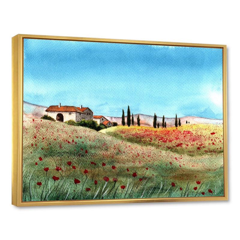 «A Tuscany Landscape With Distant Villa», reproduction sur toile, Toile à cadre flottant doré, H 16 po x l 32 po