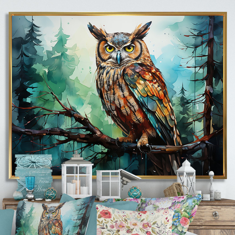 «Enchanted Forest Sentinels Owl II», reproduction d'art sur toile encadrée, Cadre flottant doré, H 12 po x l 20 po x P 1 po