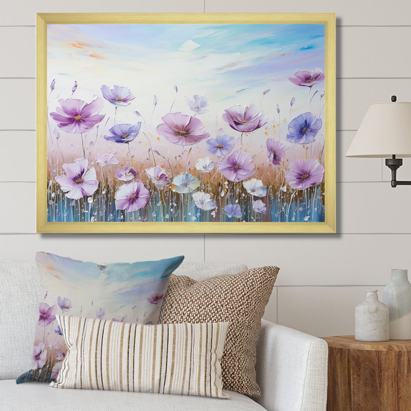 «Pink Morning Glory», art liquide sur fond de fleurs IV sur toile, Cadre doré simple, H 30 po x l 40 po x P 1,5 po